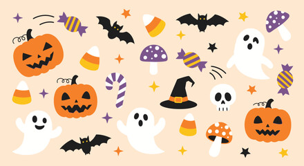 Fototapeta premium Cute Halloween Characters and Candies: Pumpkins, Ghosts, Bats, and Mushrooms