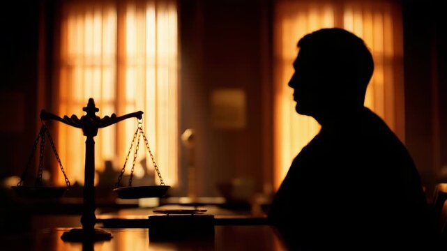 Silhouette of the scales of justice set against a courtroom interior with a judge in the background. law, balance, fairness, legal proceedings.