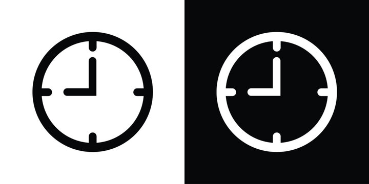 Minimalist clock icon set showing nine o'clock. Includes black on white and white on black versions. Perfect for UI design, time management, scheduling, and countdown concepts.
