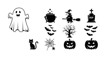 Obraz premium Set of Halloween Icons: Ghost, Witch, Pumpkin, Cat, Bats, Tombstone, Spiderweb