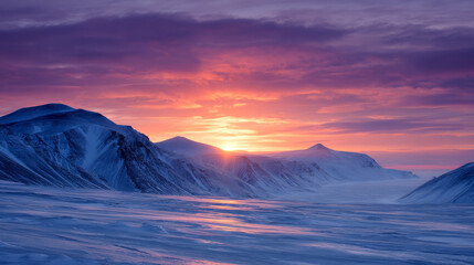 Arctic sunrise over icy hills, pink and orange glow. Life in permafrost conditions, climate change problems on the planet. Global warming