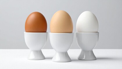 Three eggs in white egg cups on white surface with light gray background, each a different shade.