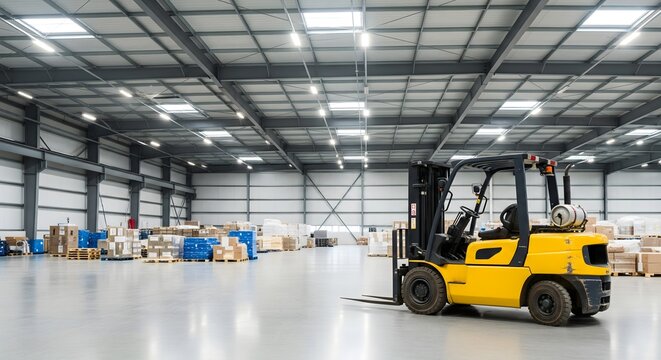 Forklift Truck in Large Warehouse Interior, Logistics Storage and Supply Chain Distribution Center, Industrial Transportation and Inventory Management Concept