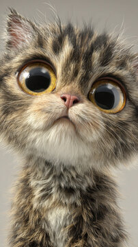 3D Rendered Cartoon Tabby Kitten with Large Reflective Eyes in Soft Studio Lighting