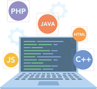Laptop displays complex code alongside popular programming language icons, representing modern software creation.