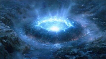 A bright blue light emerges from a round formation in a rocky area close to water. The scene takes place at night with mist surrounding the location.