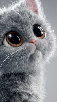 3D Rendered Cartoon Tabby Kitten with Large Reflective Eyes in Soft Studio Lighting