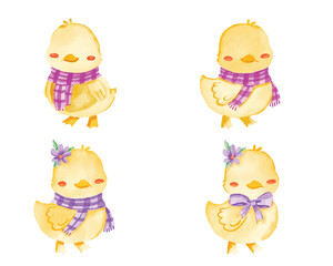 Cute Duck Watercolor Cartoon Set