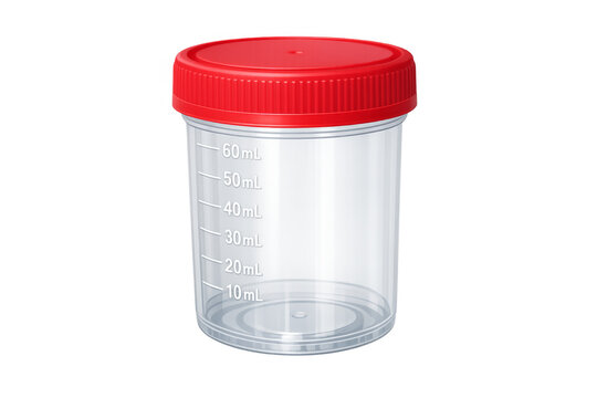 Clear medical specimen cup with red cap