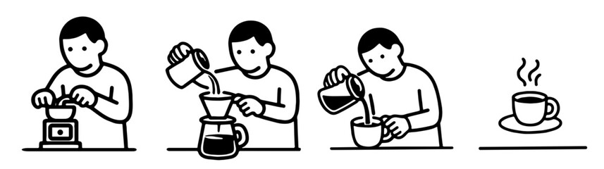 コーヒーを淹れる工程イラストセット（豆を挽く・抽出・注ぐ・完成）、Coffee Brewing Process – Step by Step Line Illustration 
