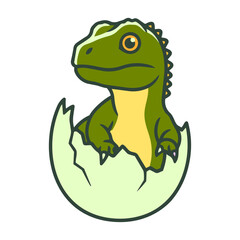 Fototapeta premium Cute Green Baby Dinosaur Character Hatching From a Cracked Egg Illustration