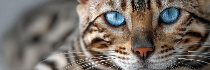 Obraz premium Stunning Portrait of a Bengal Cat with Striking Blue Eyes and Detailed Fur on a Clean Background