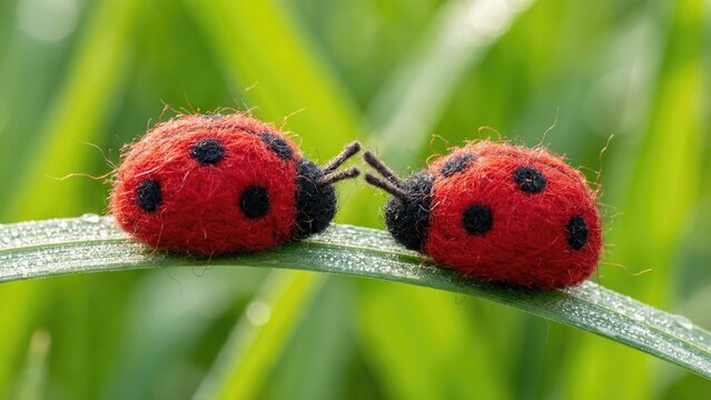 Two felted ladybug toy meet on wet green grass blade. Needle felted insect concept for Saint Valentines Day. Romantic love message.
