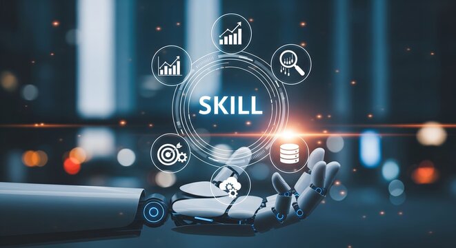 Digital Skill Development Concept with Hand and Virtual Interface, Online Learning Technology, Career Growth and Training Innovation
