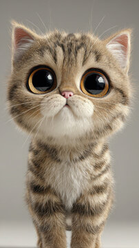 Tabby Kitten with Large Reflective Eyes and Fluffy Fur Studio Portrait