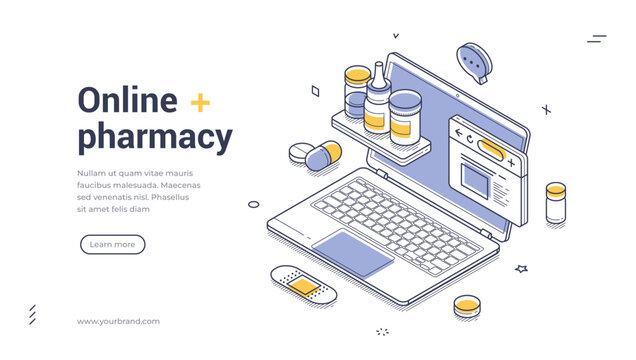 Online pharmacy web banner. Isometric template for a landing page on e-commerce medicine. Vector illustration with laptop and pills for a healthcare service or drugstore app