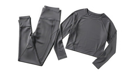A set of gray athletic wear including leggings and a long-sleeved shirt on transparent background