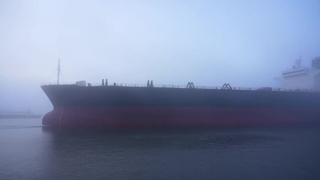 A massive tanker emerges through thick coastal fog, its dark silhouette and red hull gliding over still harbor water, with faint deck details and bow lines fading into a pale, misty morning sky.