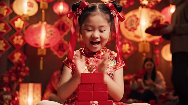 Little Girl Celebrating Lunar New Year - A cute Asian girl in a red cheongsam dress plays with red building blocks while sticking her tongue out.