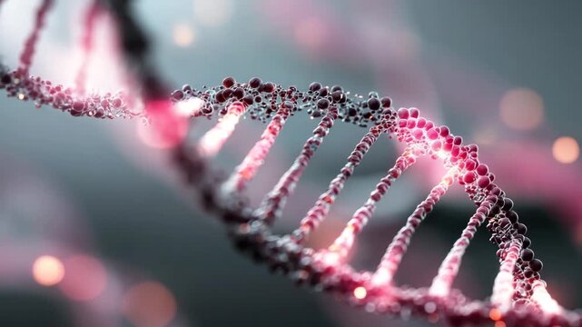 Glowing DNA double helix molecular structure close up of genetic strand with glowing nucleotides and bokeh lighting. DNA double helix made of glowing molecular spheres with pink and gray bokeh lights