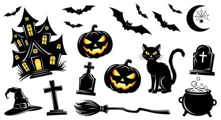 Obraz premium Collection of Spooky Halloween Symbols: Haunted House, Pumpkins, Bats, Cat, and Witchcraft Elements