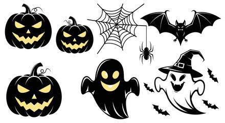 Obraz premium Collection of Spooky Halloween Icons: Pumpkins, Ghosts, Bats, Spiderweb, and Spider
