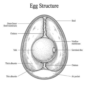 egg showing internal parts including yolk, shell, chalaza, membranes, and air pocket for educational use sketch engraving generative ai raster illustration. Scratch board imitation. Black and white.