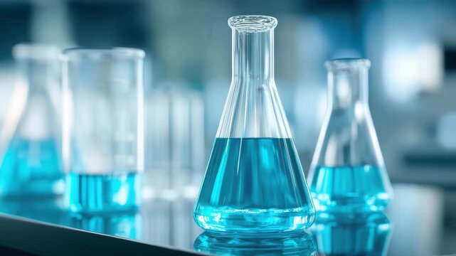 Laboratory erlenmeyer flask and conical beaker filled with blue liquid reflective bench, glassware and chemical solution conveying science chemistry experiment research with precise clinical