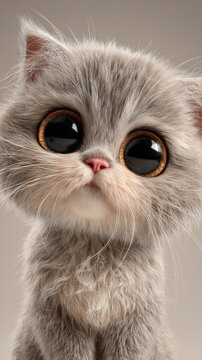 Tabby Kitten with Large Reflective Eyes and Fluffy Fur Studio Portrait