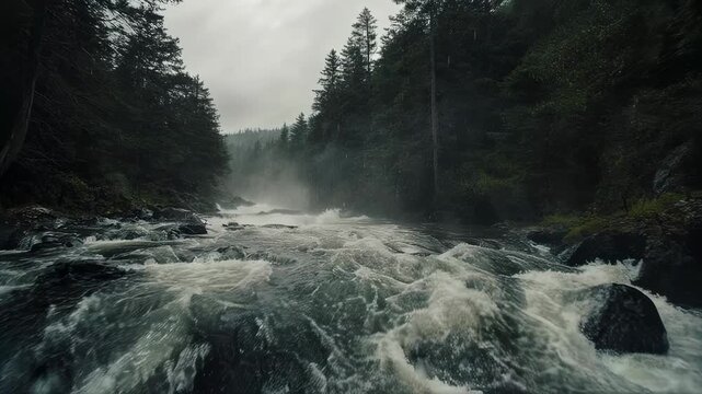 A raging river flows through a dense evergreen forest under a cloudy, overcast sky