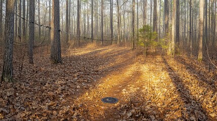 Obraz premium A sunlit forest path covered in fallen leaves with tall trees casting dappled shadows