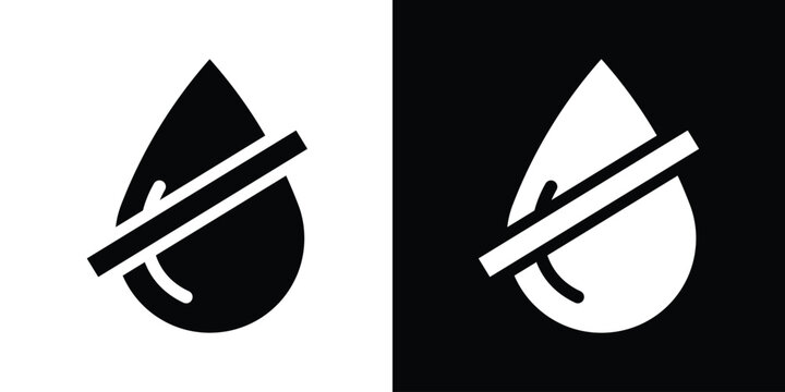 Water droplet with a diagonal strike-through line. Minimalist symbol for "no water," waterproof, dry area, or restricted liquid access. High-contrast black and white vector graphics.