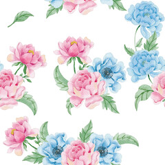 Pink and Blue Vintage Rose Watercolor Flower Seamless Pattern