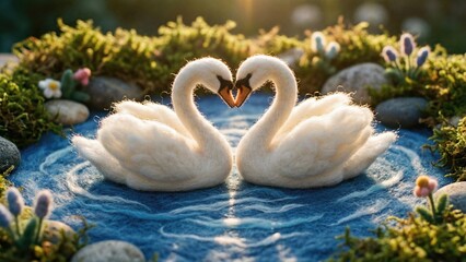 Obraz premium Two needle felted white swans forming a heart shape reflecting in blue water, symbolizing love and romance. Perfect for Valentines Day greeting card.