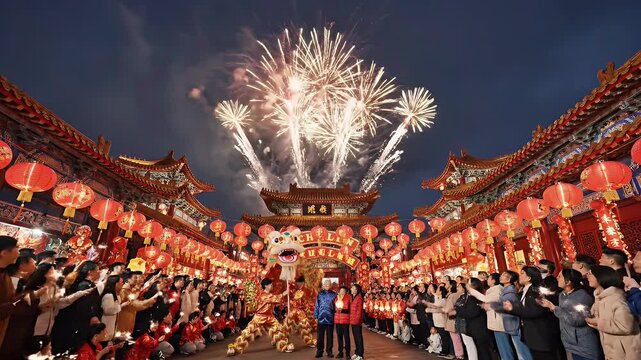 Chinese New Year Celebration with Dragon Dance and Fireworks - A multi-generational family watches a traditional Chinese dragon dance performance amidst exploding fireworks during a Chinese New Year