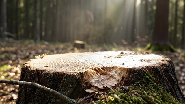 Axe in a Stump in Forest - A rusty axe is lodged in a tree stump covered in moss in a forest. Sun rays stream through the trees in the background.