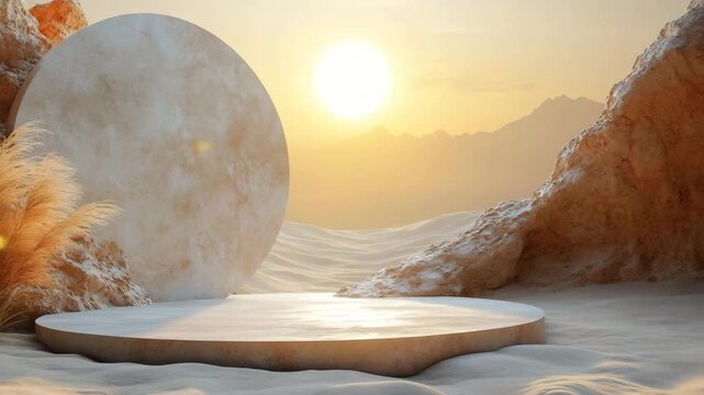 Minimalist desert scene with a round podium and pampas grass bathed in golden sunset light