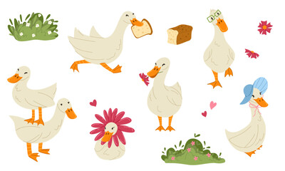 Cute goose cartoon sticker set with funny duck characters. Cottage core. Adorable geese vector hand drawn illustration for sticker pack, packaging, branding, postcards, scrapbooking, journaling © Ekaterina Sumanosova