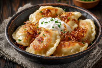  traditional polish pierogi with fried onions and sour cream in a bowl on dark wooden table background