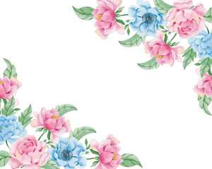 Pink and Blue Vintage Rose Watercolor Flower Border
