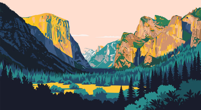 Beautiful Yosemite Valley landscape vector illustration with mountains, pine trees, and a lake at sunset