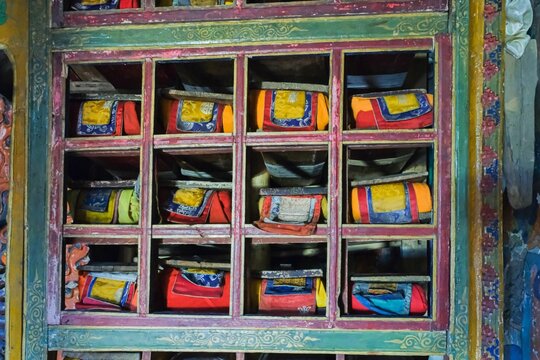 Ancient library in Takthok Tibetan Buddhist monastery, Nyingma tradition, is repository of sacred religious manuscripts and texts.