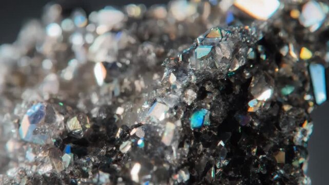 A macro close-up reveals a shimmering cluster of metallic crystals, tiny facets catching soft light and flashing iridescent hues against a dark background, highlighting texture, sparkle, and depth.