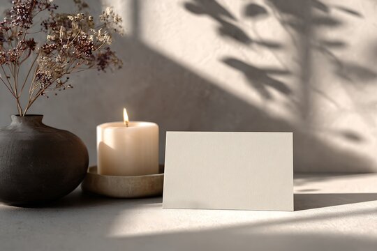 A minimalist still life featuring a candle, vase with dried flowers, and a blank card mockup in neutral tones.