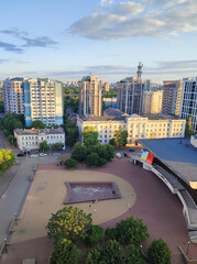 A large fundamental building from the Soviet period. A large wide building with a flat roof built during the Soviet era