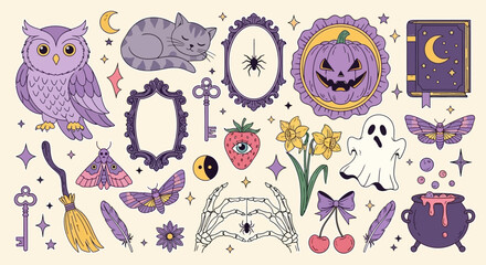 Fototapeta premium Whimsical Halloween Icons: Owl, Cat, Ghost, Pumpkin, and Witchy Elements Collection