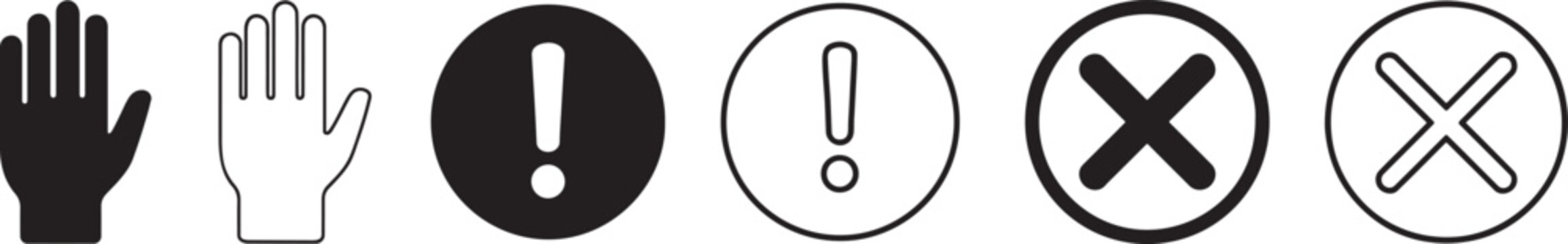 Stop sign icon set with hand gesture symbol for warning, prohibition and safety design.