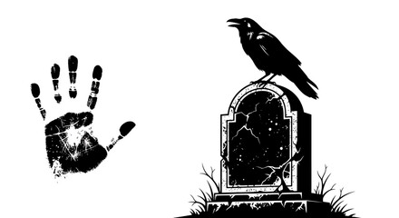 Obraz premium Spooky Handprint and Raven on Gravestone Vector Art for Halloween
