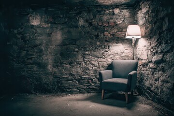 Intimate Room With Gray Armchair Illuminated By Floor Lamp Against Textured Dark Brick Wall With Glittering Effect Creates Moody Atmosphere