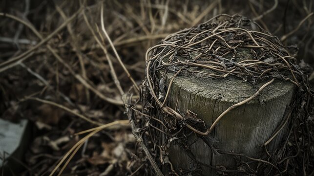A tangled mass of dry dead vines entwined around a weathered wooden post in a natural outdoor setting